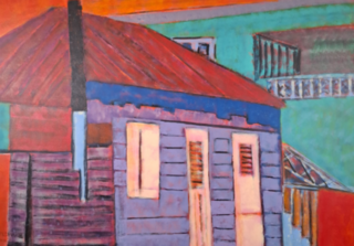 Acryl schilderij, Maya Wildevuur, Huizen Curaçao , 2001